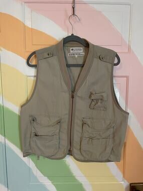 Columbia Sportswear Khaki Utility Fishing Vest Large Multi-Pocket Outdoor Travel